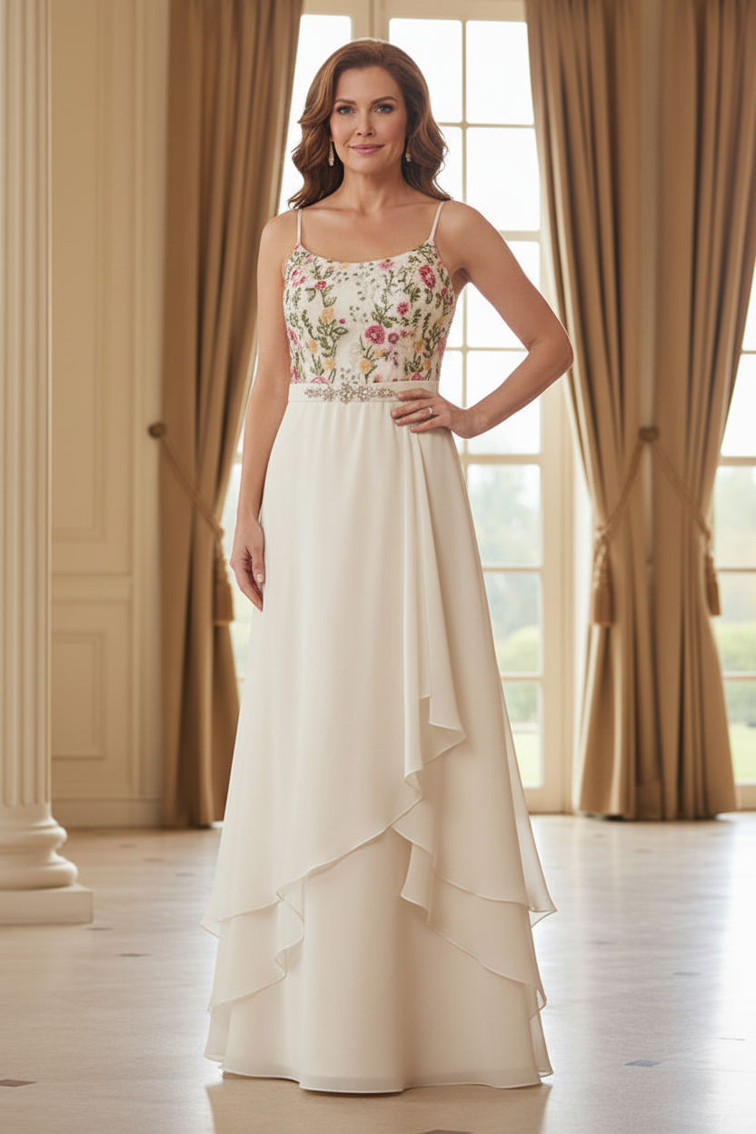 Floral Embroidered Gown with Sheer Jacket & Ruffle Skirt