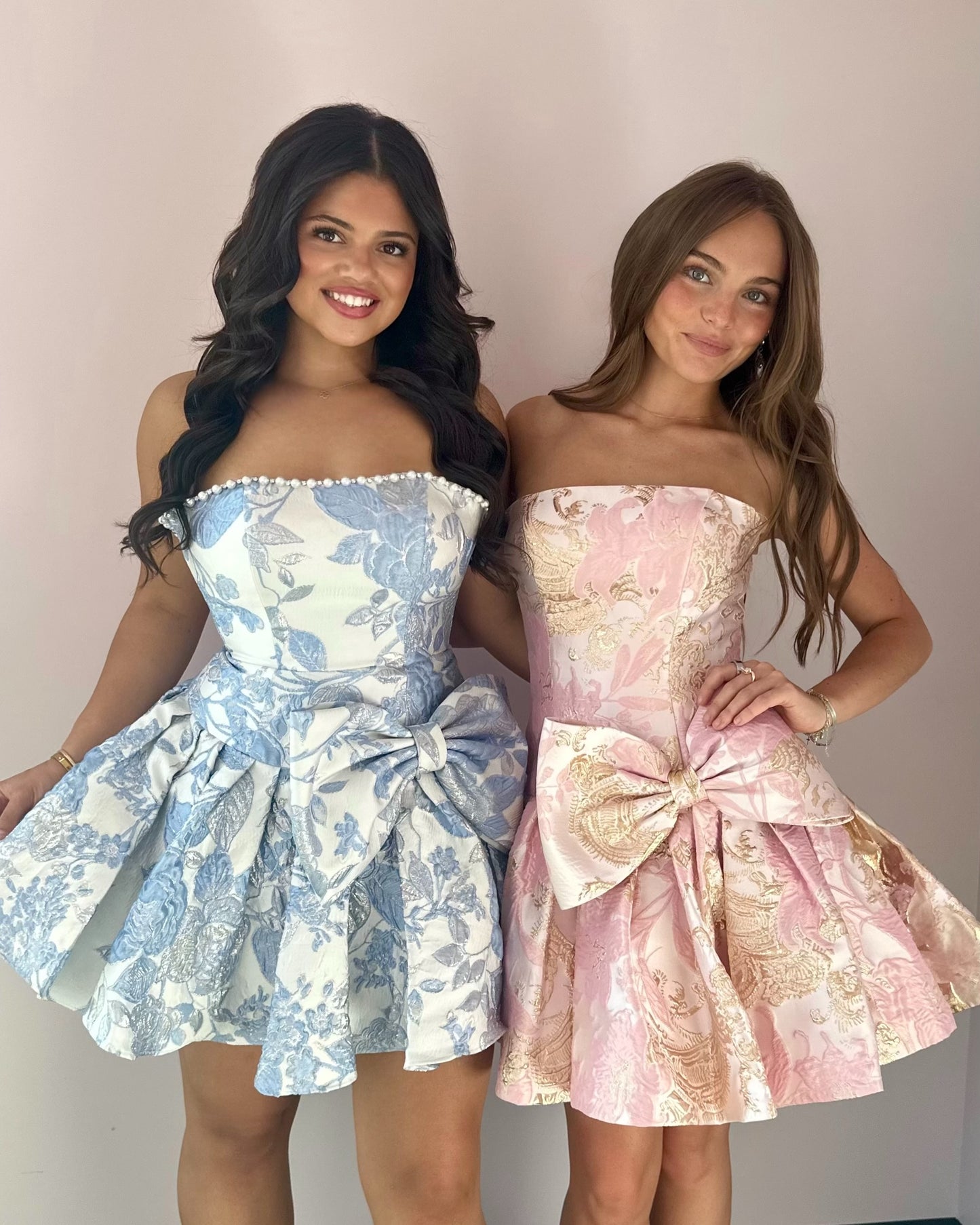 Strapless Floral Jacquard Mini Dress with Bow