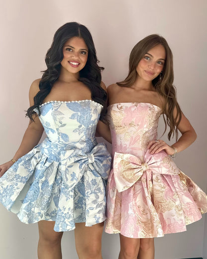 Strapless Floral Jacquard Mini Dress with Bow