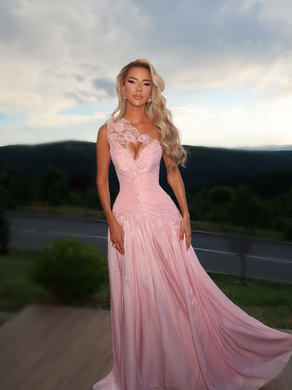 One-Shoulder Lace Keyhole Pleated Evening Gown