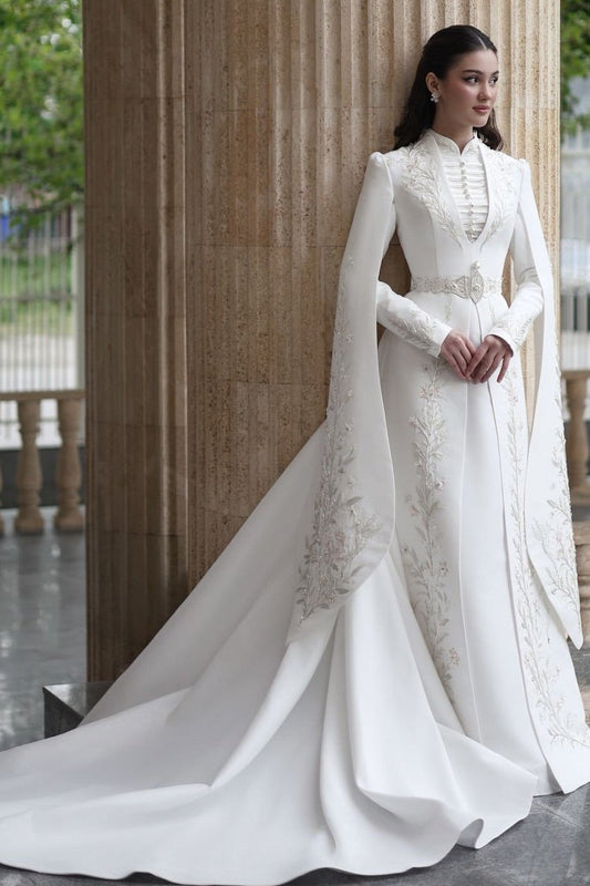 High-Neck Embroidered Bridal Gown with Cape Sleeves