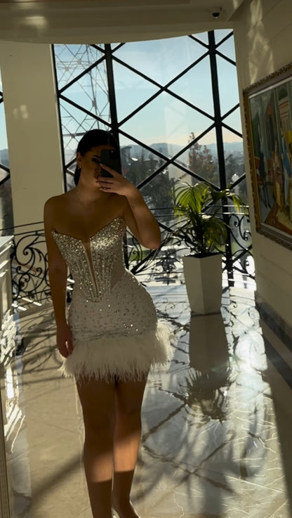 Strapless Corset Embellished Mini Dress with Feathers