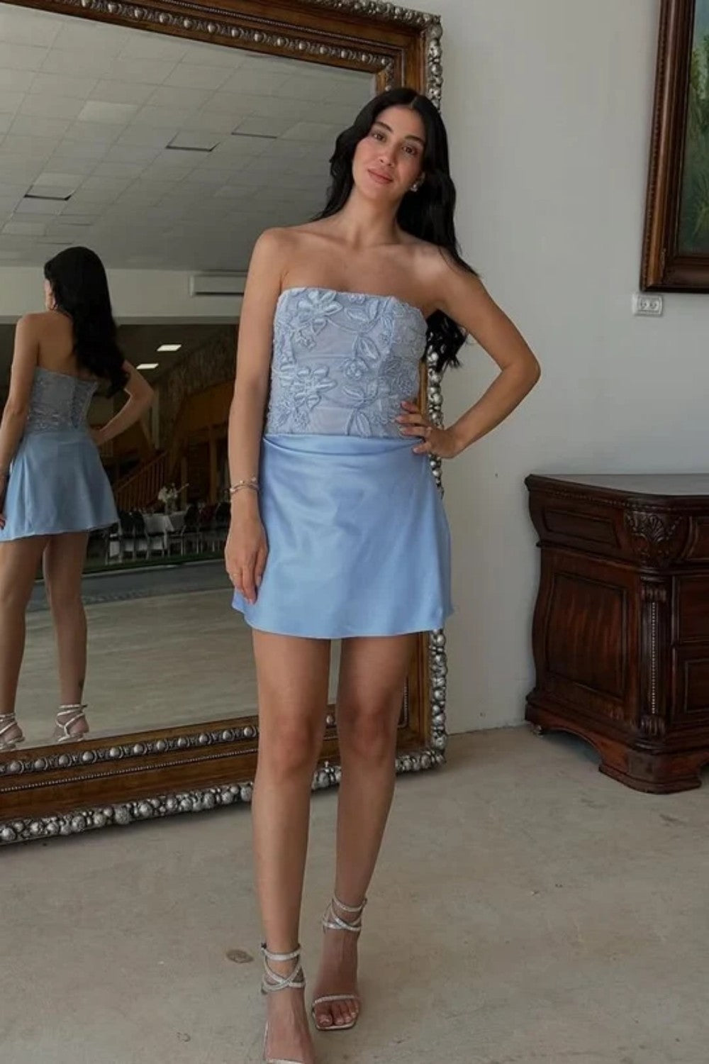 Strapless Floral Lace Bodice Mini Dress