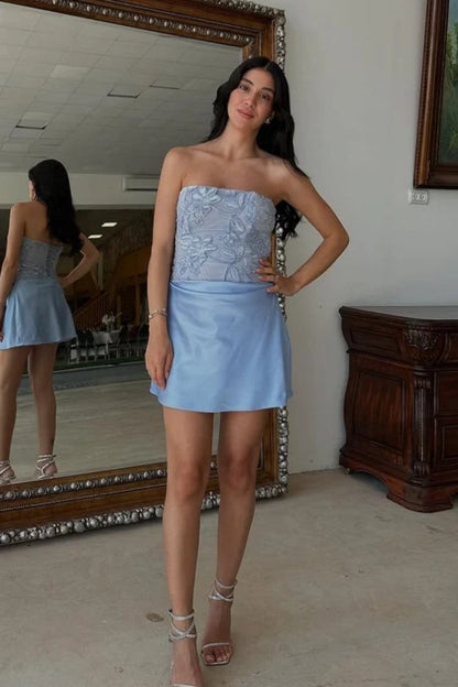 Strapless Floral Lace Bodice Mini Dress
