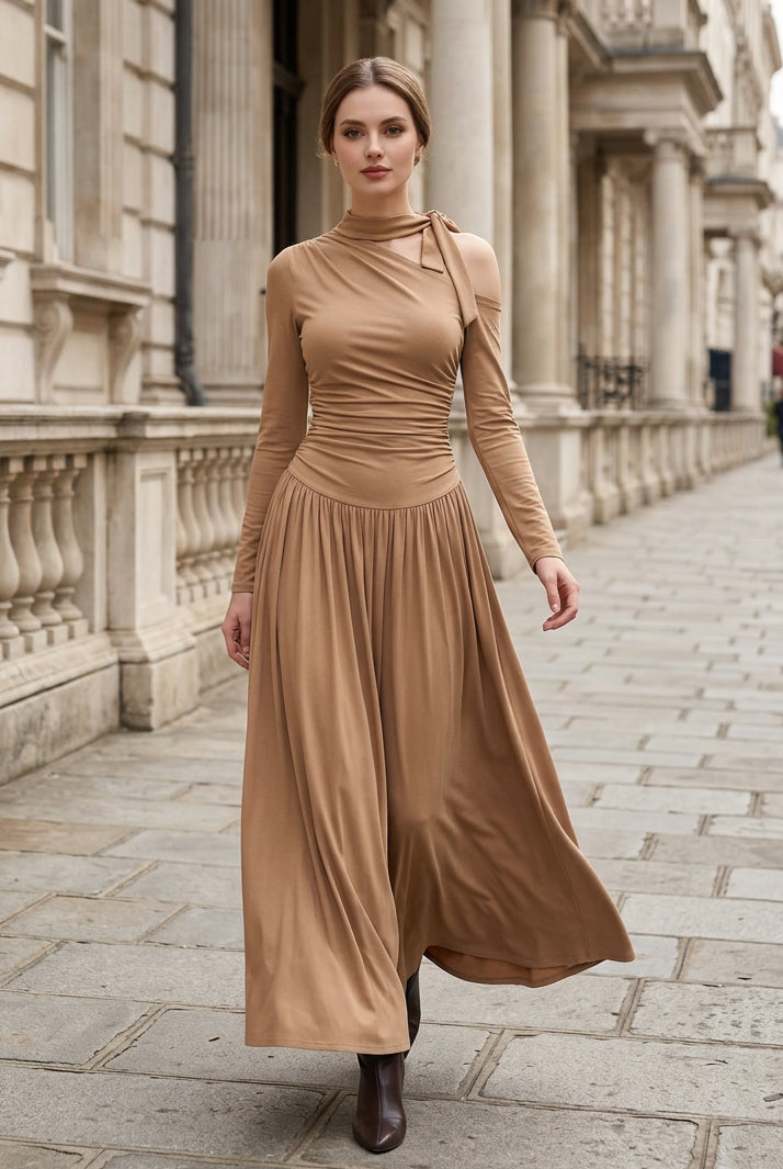 Cold-Shoulder Ruched Maxi Dress with Tie Neck