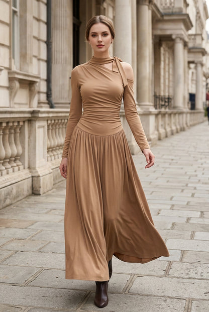 Cold-Shoulder Ruched Maxi Dress with Tie Neck