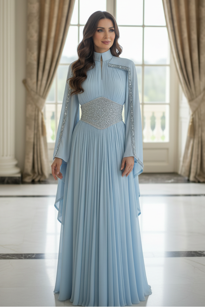 High Neck Cape Sleeve Beaded Waist Evening Gown