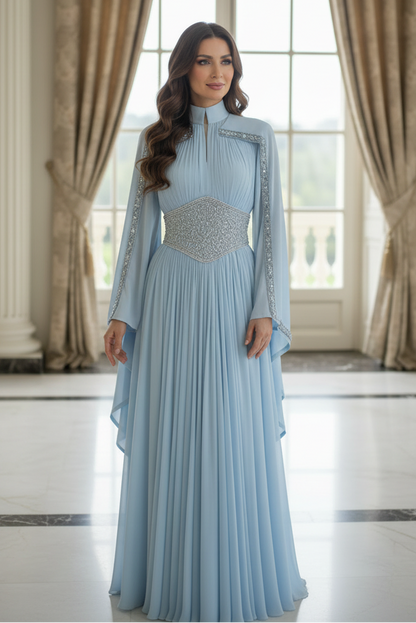 High Neck Cape Sleeve Beaded Waist Evening Gown