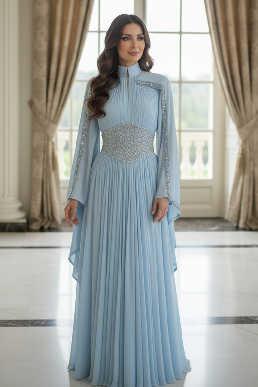 High Neck Cape Sleeve Beaded Waist Evening Gown