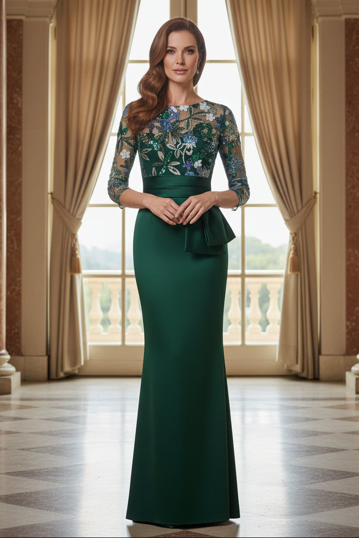 Floral Embroidered Illusion Sleeve Sheath Evening Gown