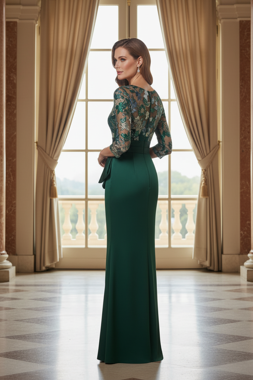 Floral Embroidered Illusion Sleeve Sheath Evening Gown