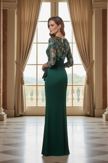 Floral Embroidered Illusion Sleeve Sheath Evening Gown