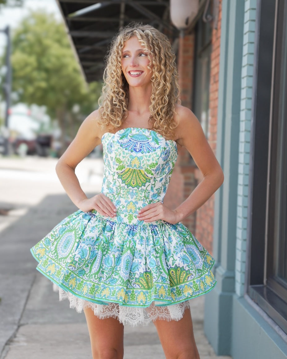 Strapless Floral Print Mini Dress with Lace Trim