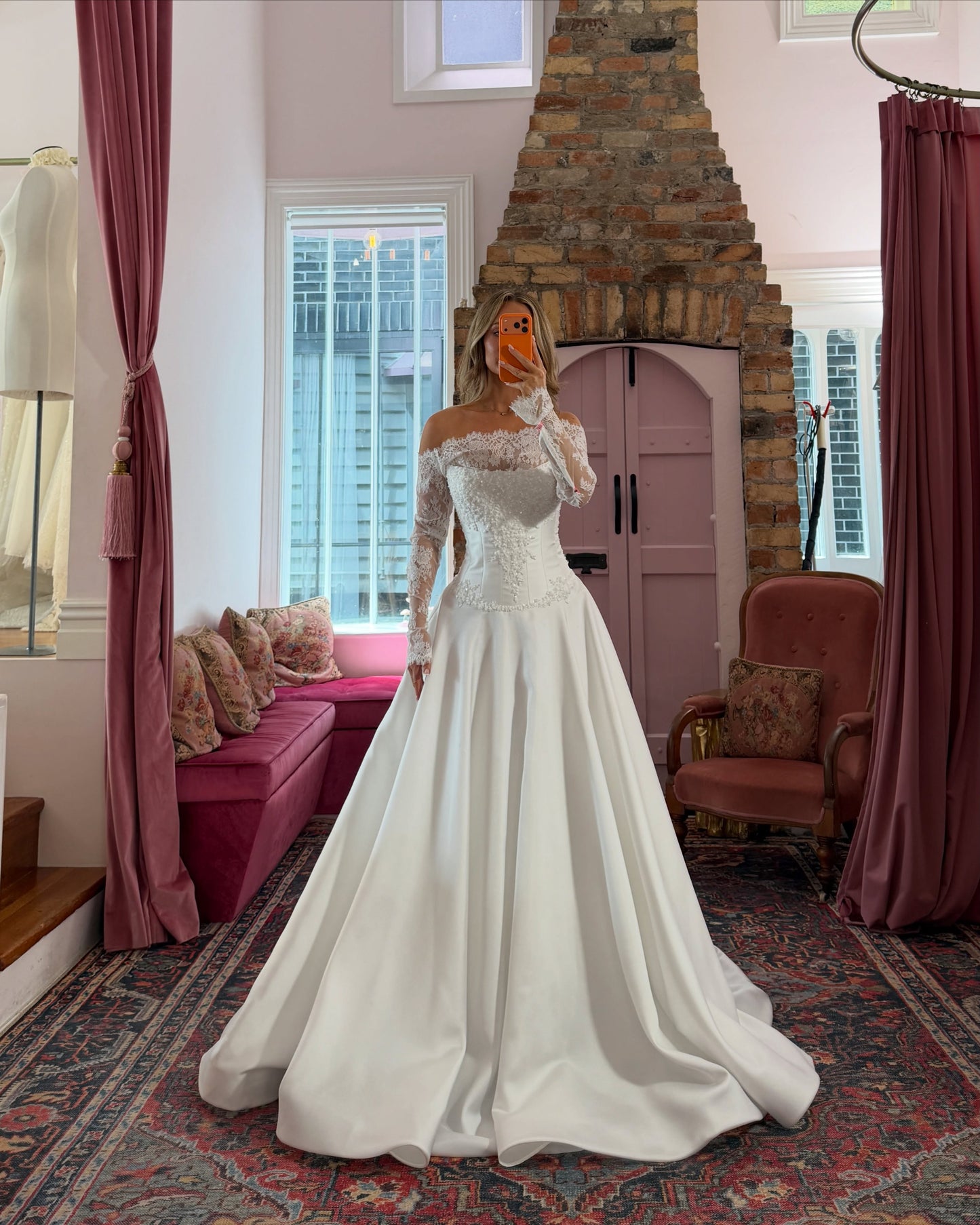 Off-Shoulder Lace Sleeve Satin A-Line Wedding Gown