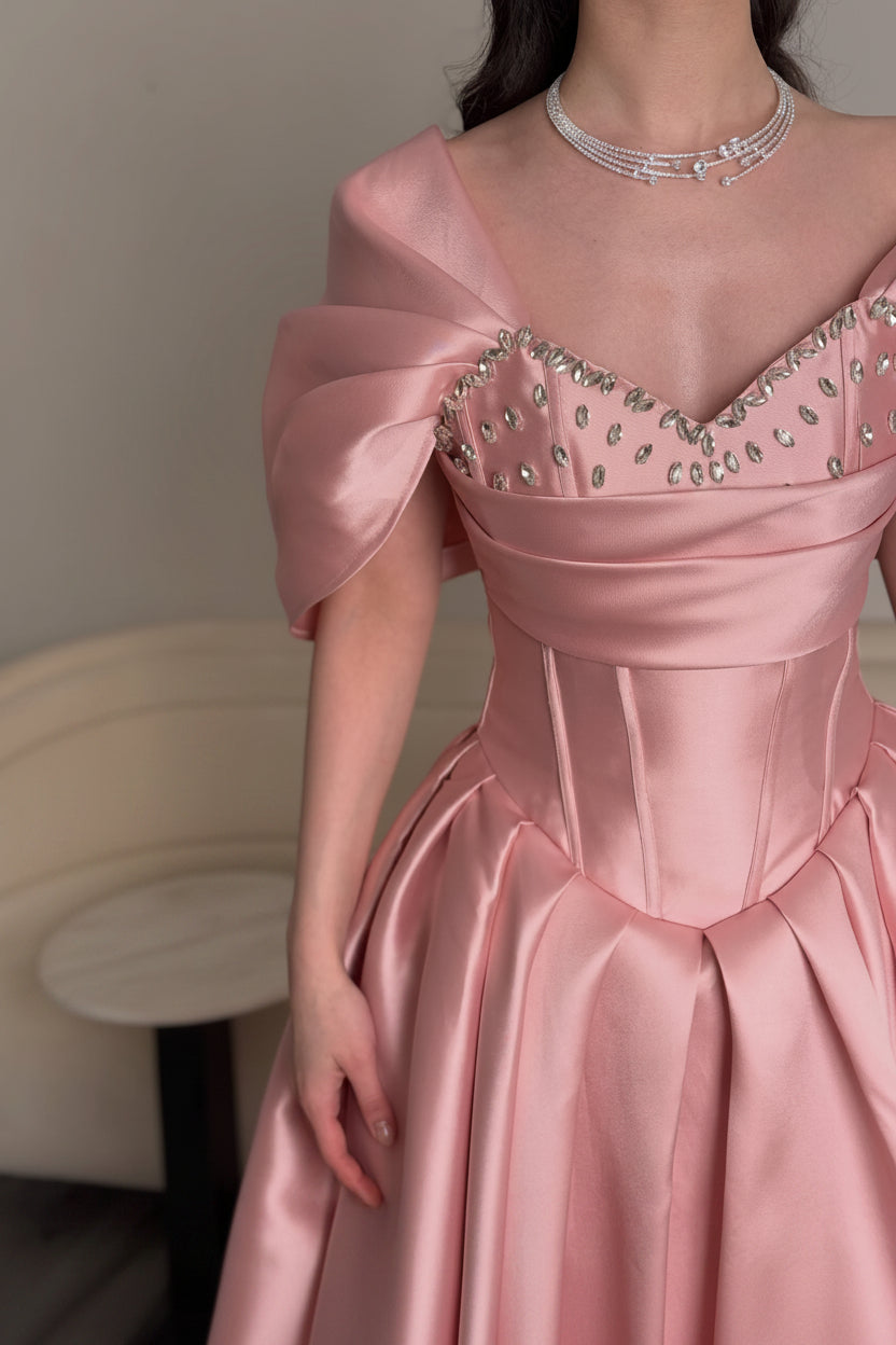 Off-Shoulder Beaded Satin Ball Gown with Pleated Skirt