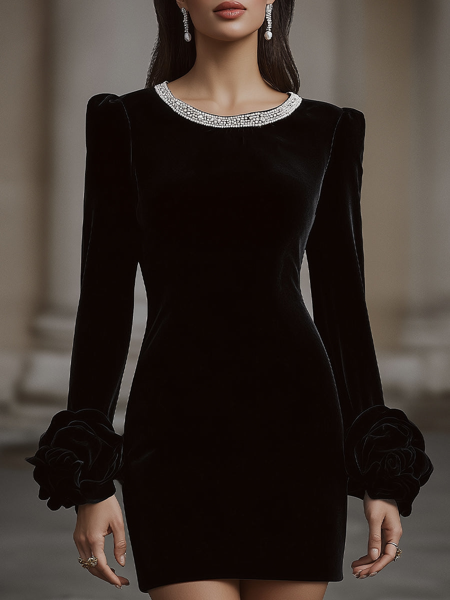 Velvet Mini Dress with Floral Cuffs and Beaded Neckline