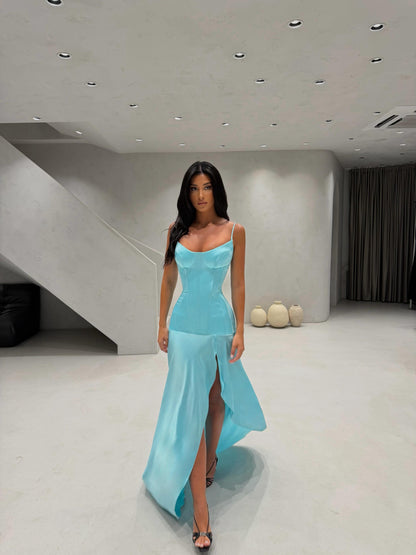 Corset Bodice Maxi Dress with High Slit