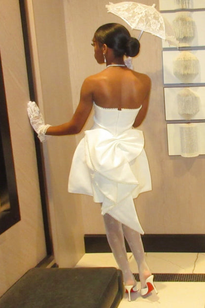 Strapless Pearl-Trimmed Mini Dress with Statement Bow