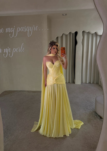 Pleated Corset Sweetheart Evening Gown with Cape
