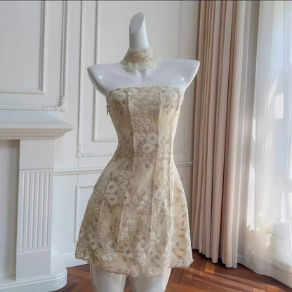 Strapless Floral Lace Corset A-Line Mini Dress