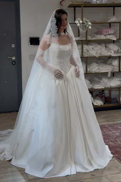 Basque Waist Ball Gown Wedding Dress with Cape