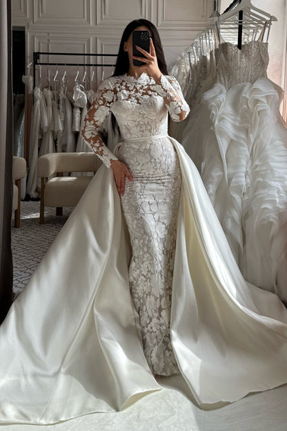 Floral Lace Sheath Wedding Dress with Overskirt