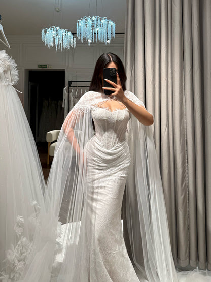 Corset Lace Mermaid Wedding Dress with Cape