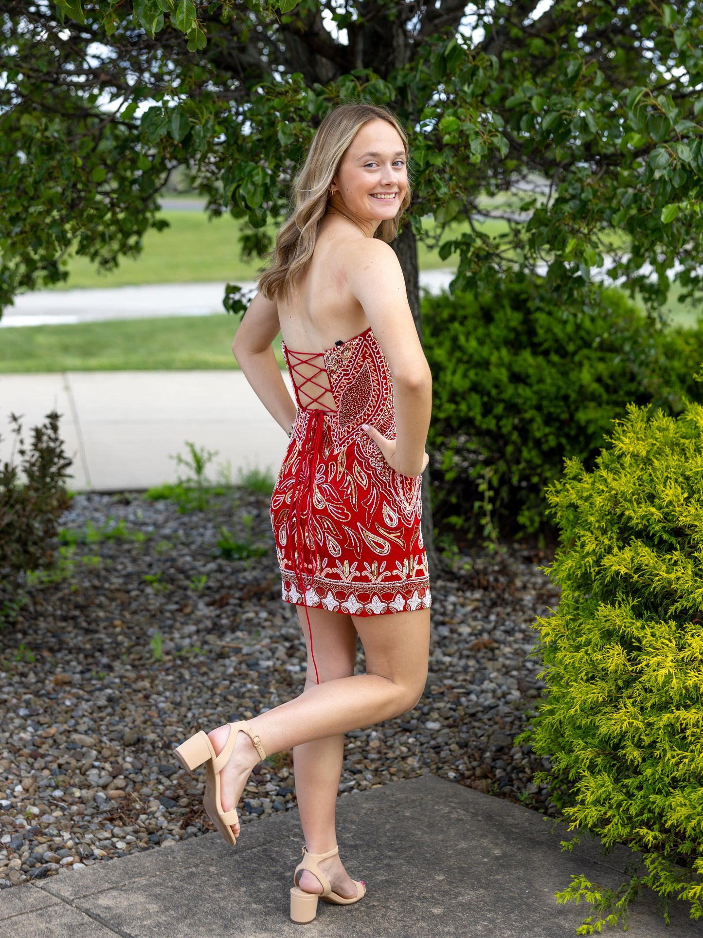 Strapless Beaded Corset Back Mini Dress