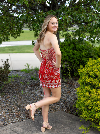 Strapless Beaded Corset Back Mini Dress