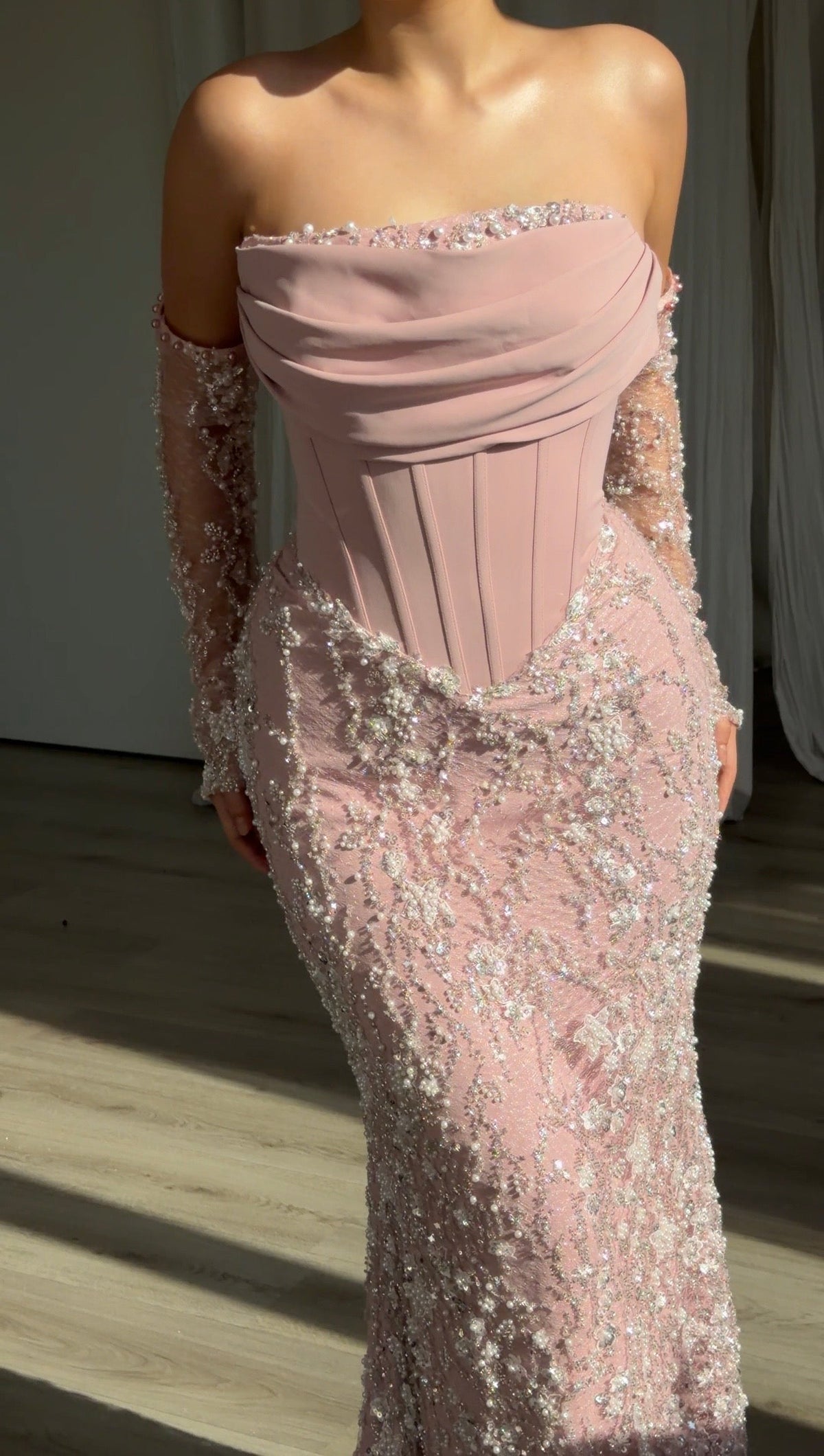 Corset Evening Gown with Beaded Sleeves