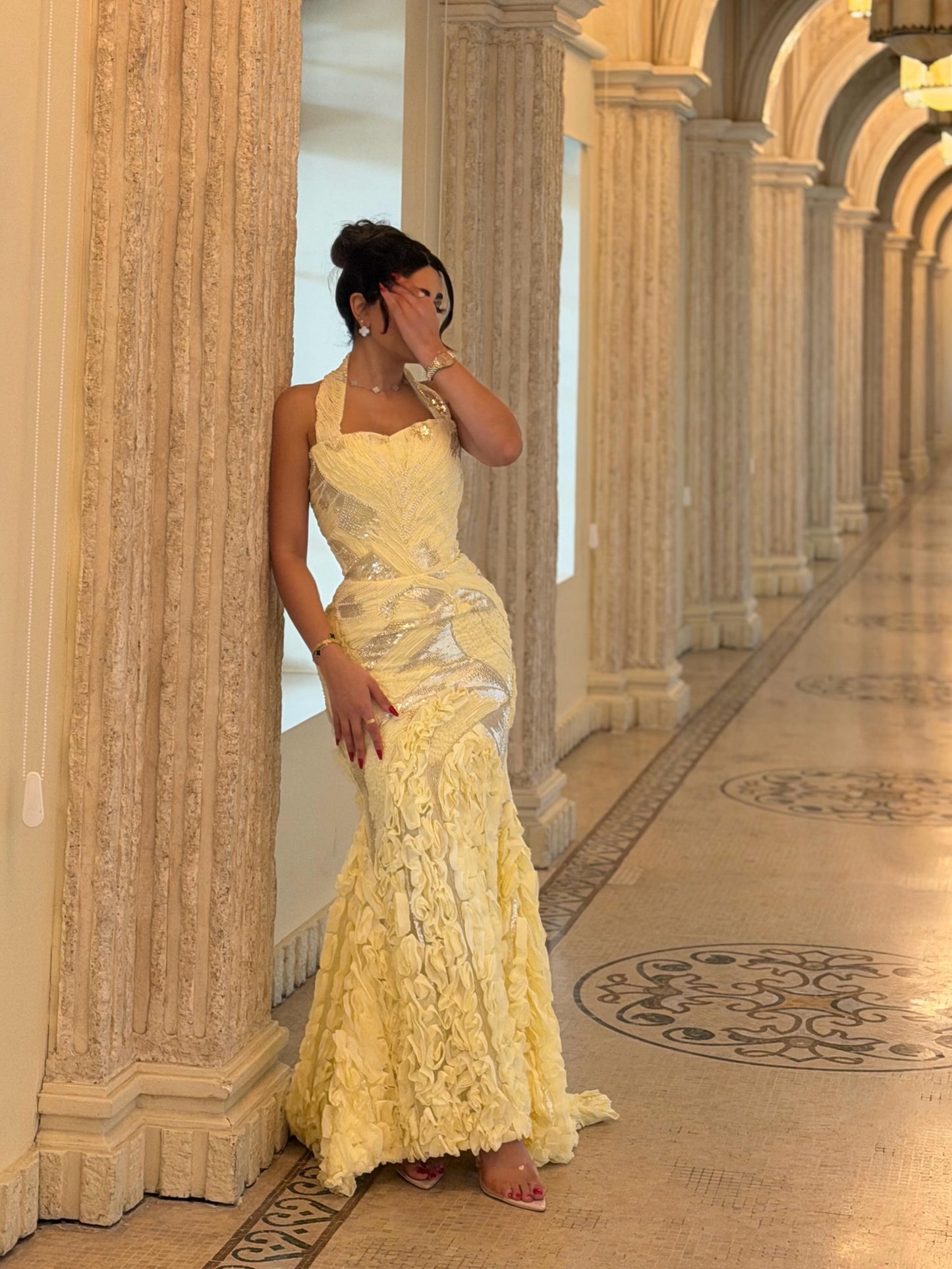 Halter Sequin Mermaid Gown with Ruffled Skirt