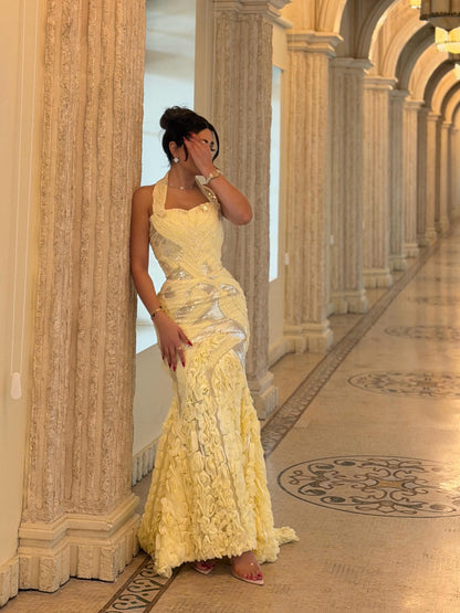 Halter Sequin Mermaid Gown with Ruffled Skirt