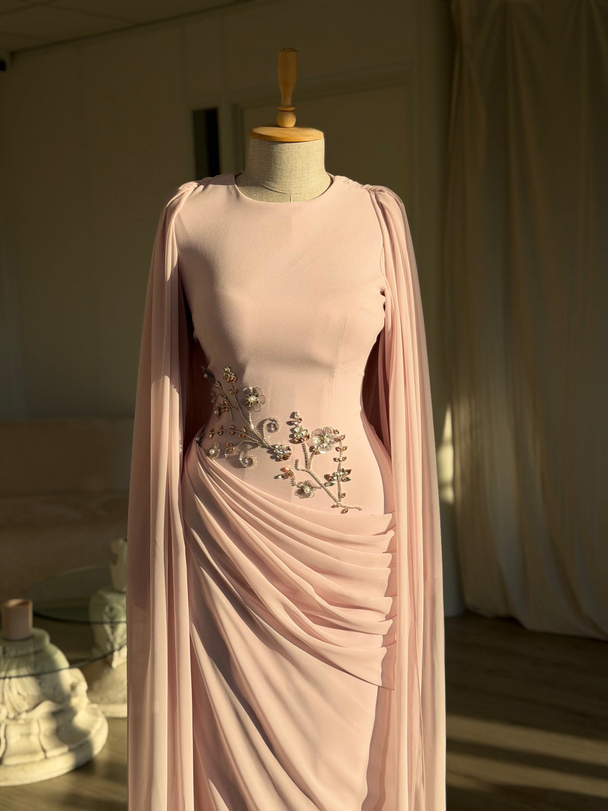 Draped Cape Sleeve Gown with Beaded Waist Detail