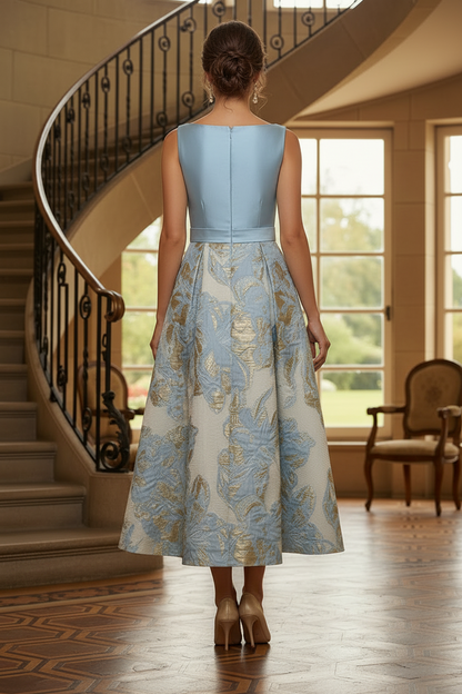 Bateau Neck Sleeveless Jacquard A-Line Midi Dress