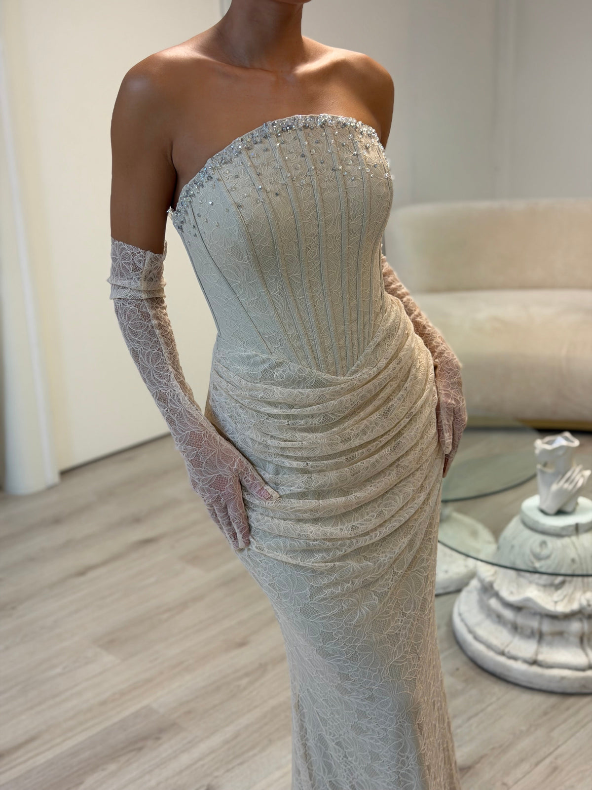 Strapless Lace Corset Mermaid Gown with Gloves
