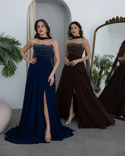 Beaded Halter A-Line Evening Gown with High Slit