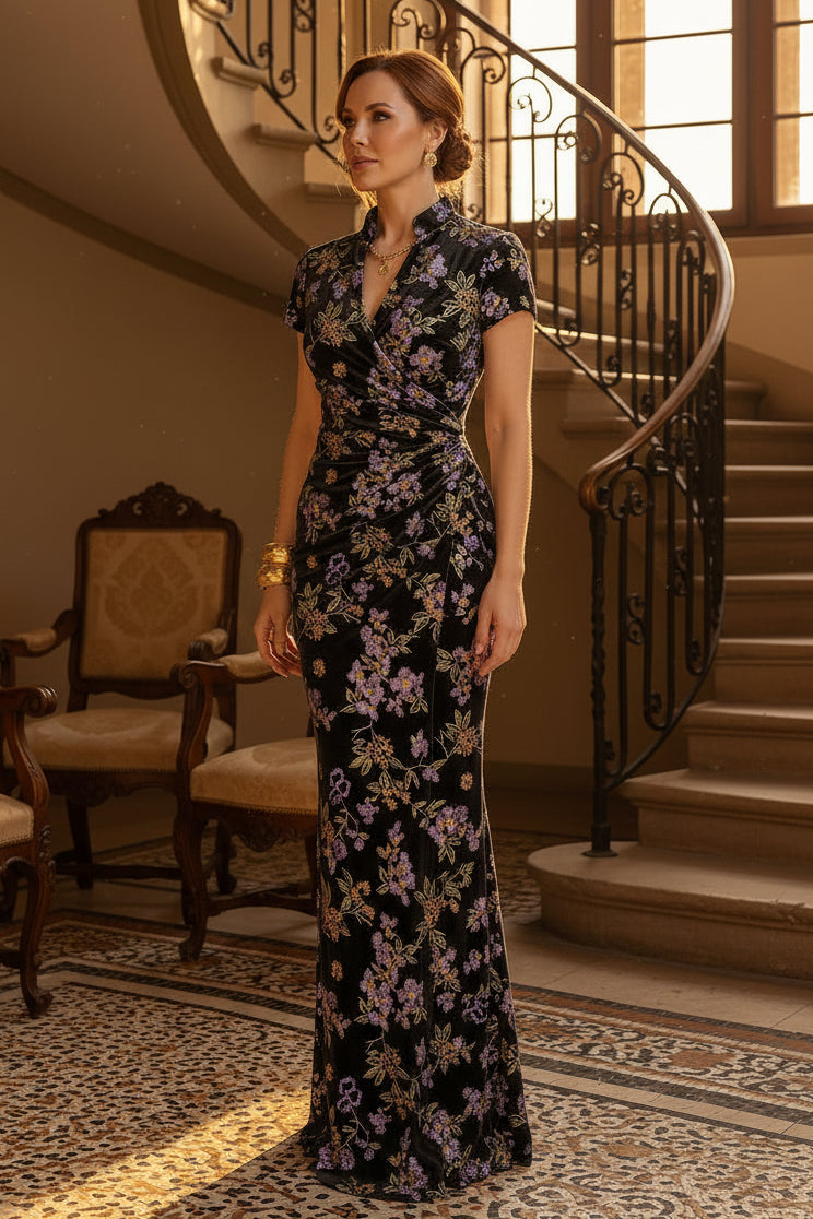 Floral Velvet Ruched High-Neck Maxi Dress