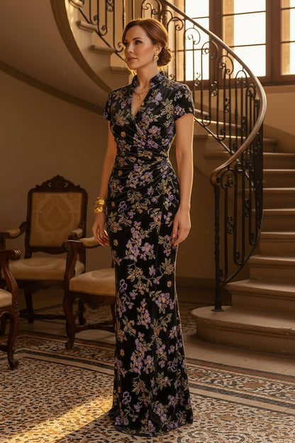 Floral Velvet Ruched High-Neck Maxi Dress