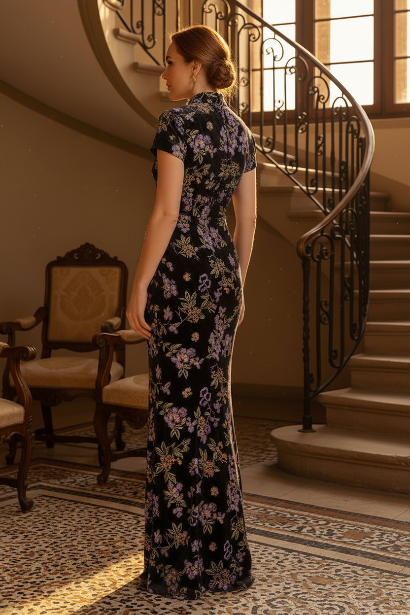 Floral Velvet Ruched High-Neck Maxi Dress
