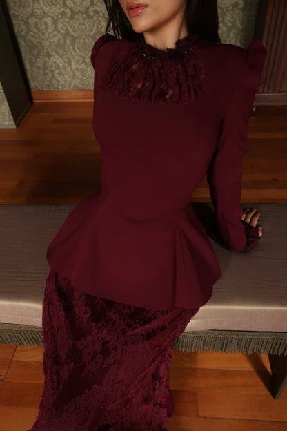Peplum Long Sleeve Lace Maxi Dress