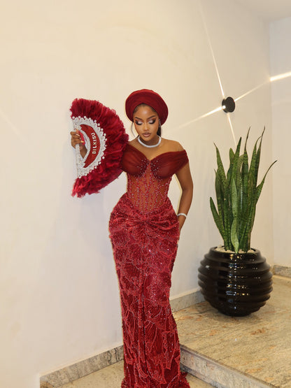 Off-the-Shoulder Corset Beaded Evening Gown