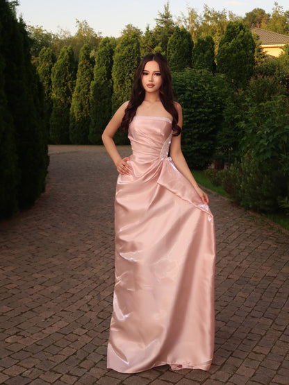 Strapless Satin Corset Evening Gown with Side Draping