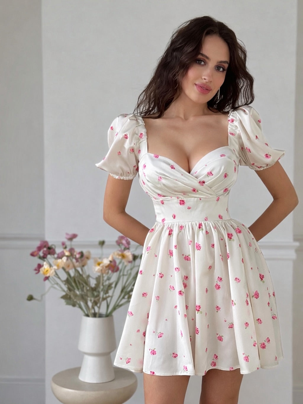 Floral Off-the-Shoulder Satin Mini Dress