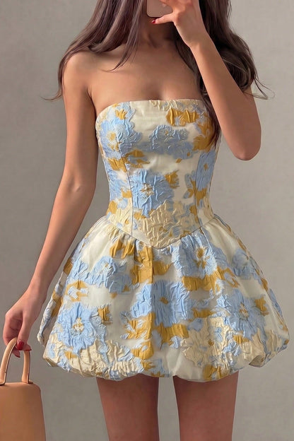 Strapless Floral Jacquard Bubble Skirt Mini Dress