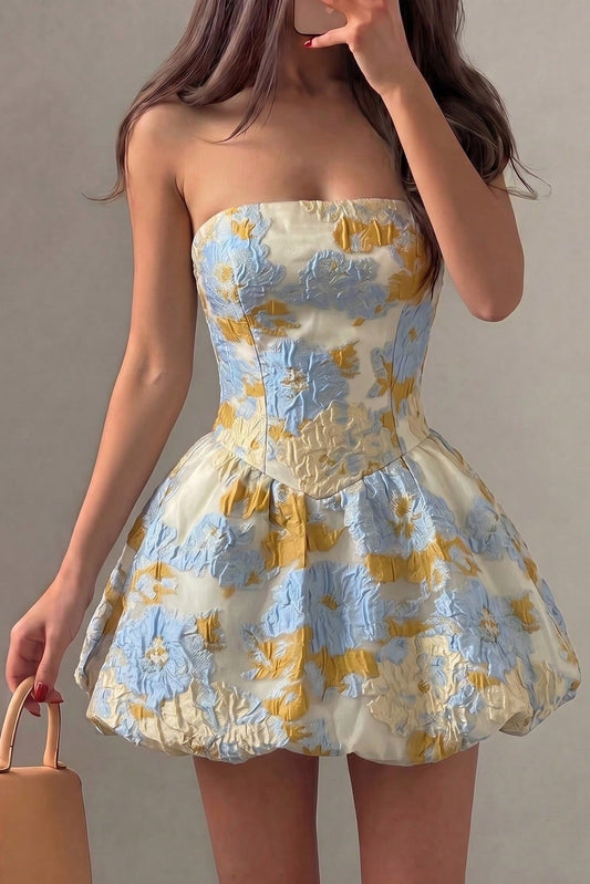 Strapless Floral Jacquard Bubble Skirt Mini Dress