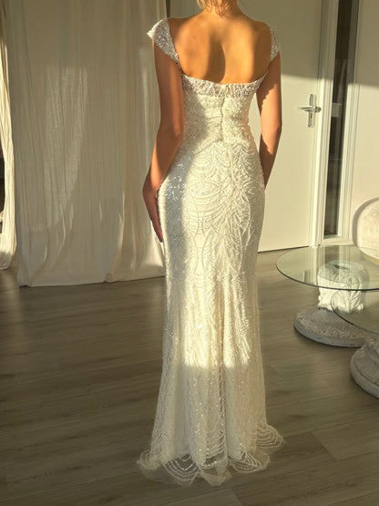 Beaded Pearl Cap-Sleeve Floor-Length Gown