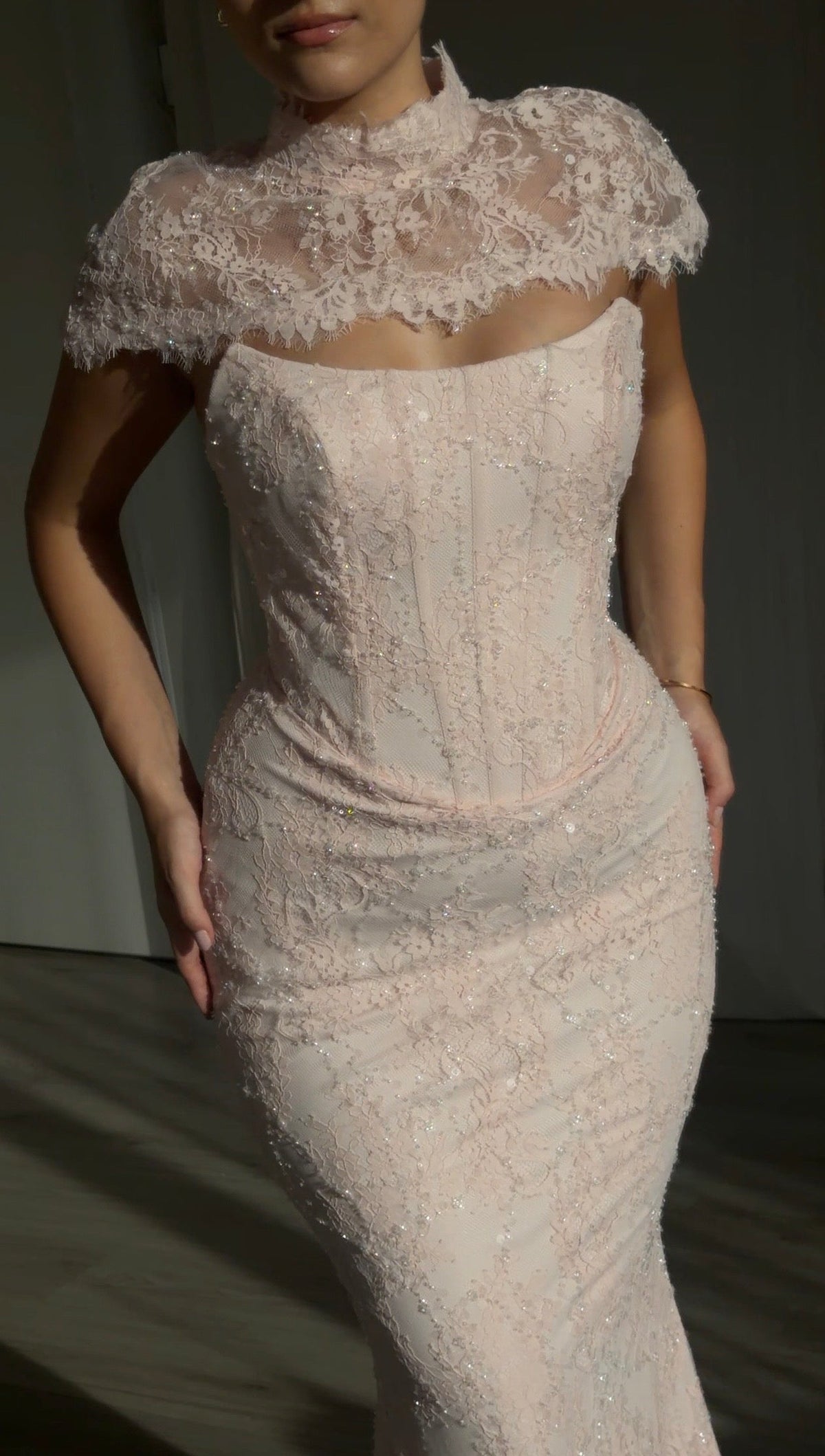Lace Sequin Mermaid Gown with Corset & Mock Cape
