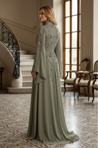 Embroidered Floral Kaftan Evening Gown with Long Sleeves