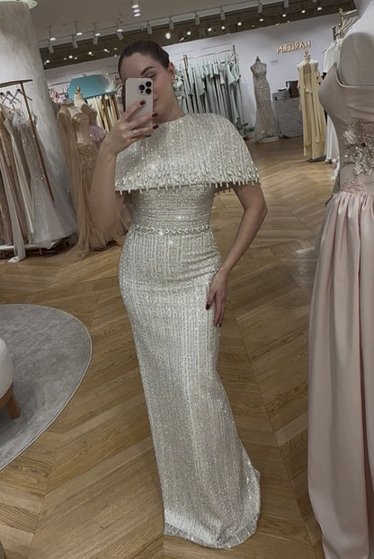 Sequined Cape Column Evening Gown