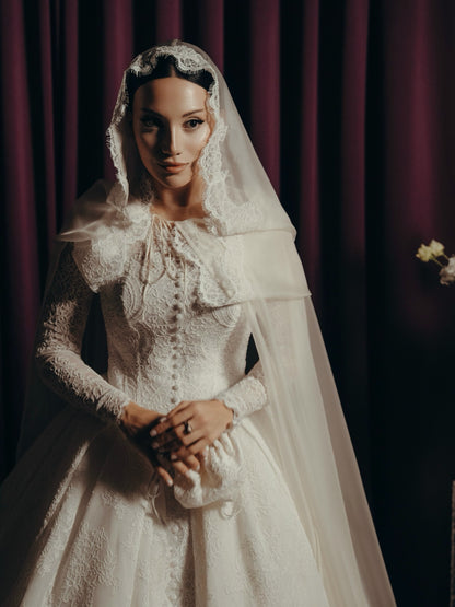 Lace Ball Gown Wedding Dress with Cape & Long Sleeves